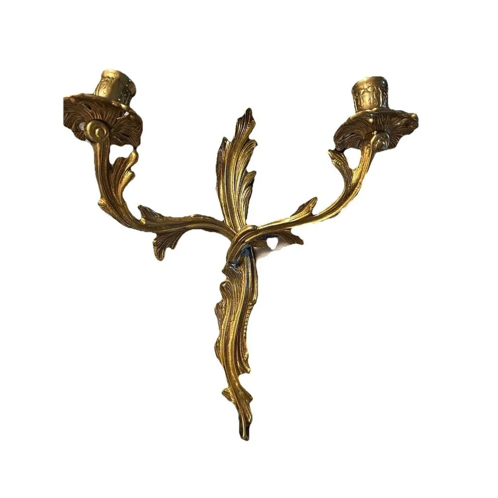 Vtg Solid Brass Louis XV Rococo 2-Arm Wall Sconces Pair Ornate Heavy Italy